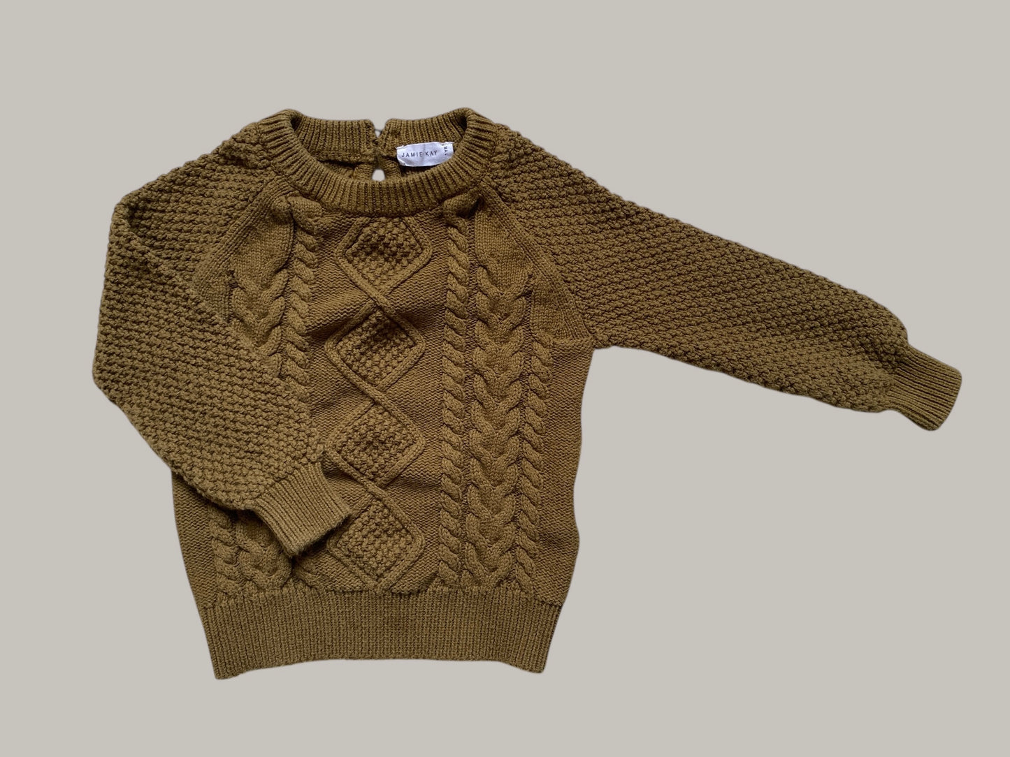 Gold-green cable knit cotton sweater 1Y | Jamie Kay