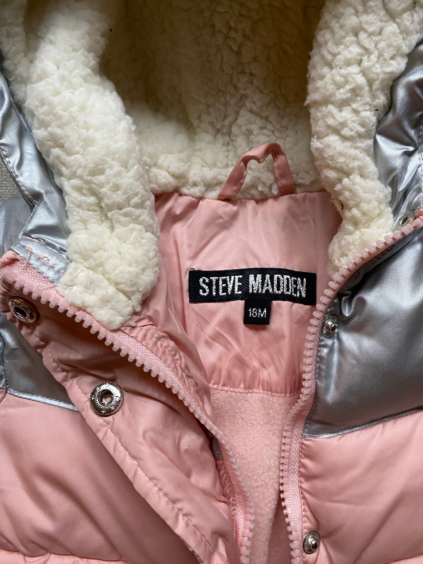 Pink and silver fleece lined puffer coat 18m | Steve Madden