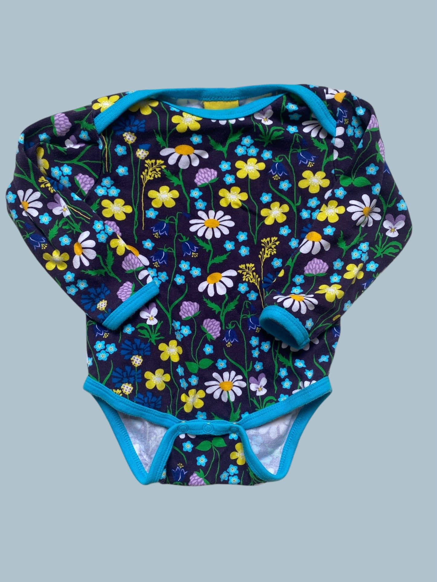 Organic cotton long sleeve purple flower onesie 9-12m (80, generous)| Duns Sweden