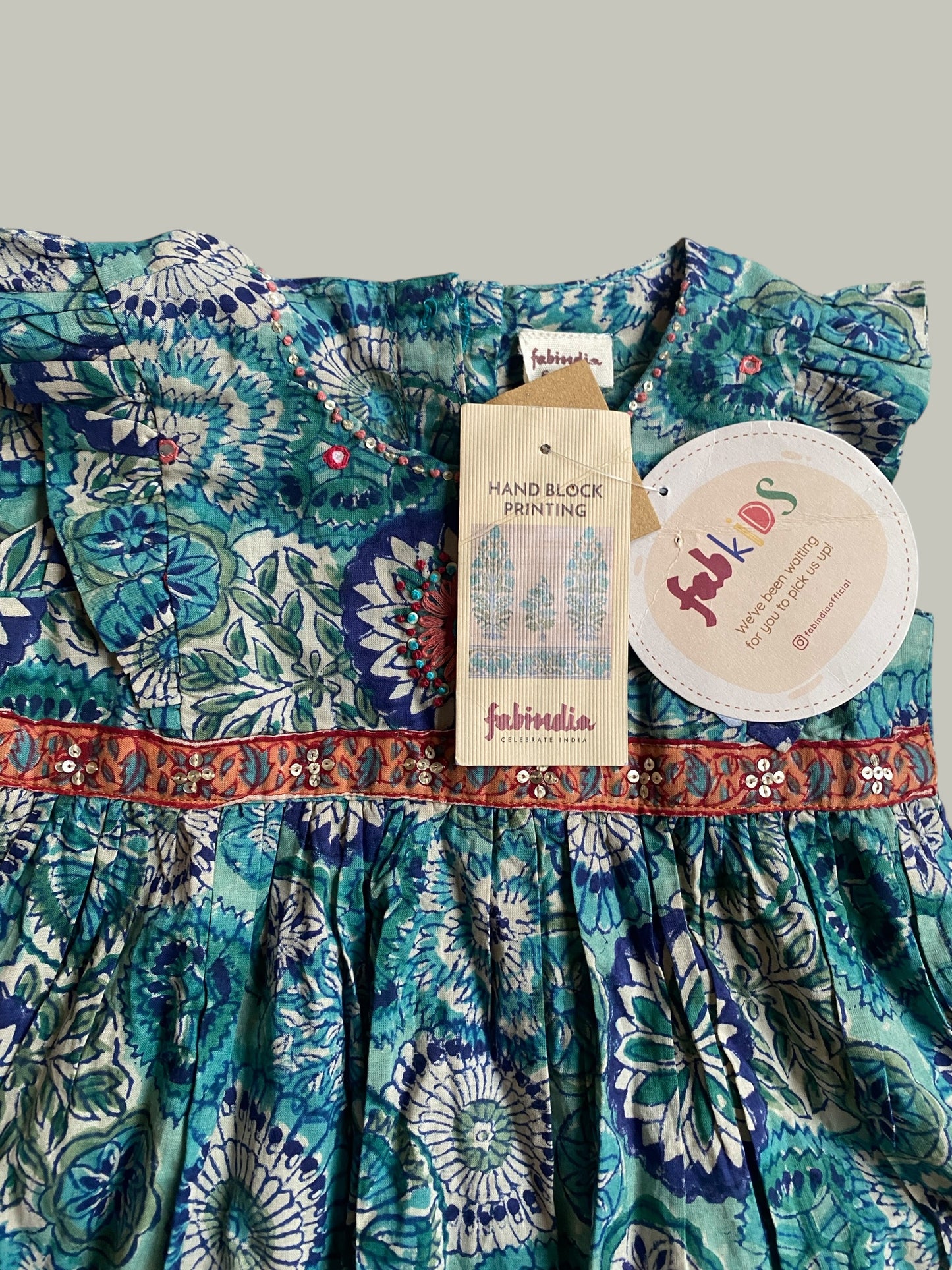 Hand block printed cotton dress 6-12m | Fabindia