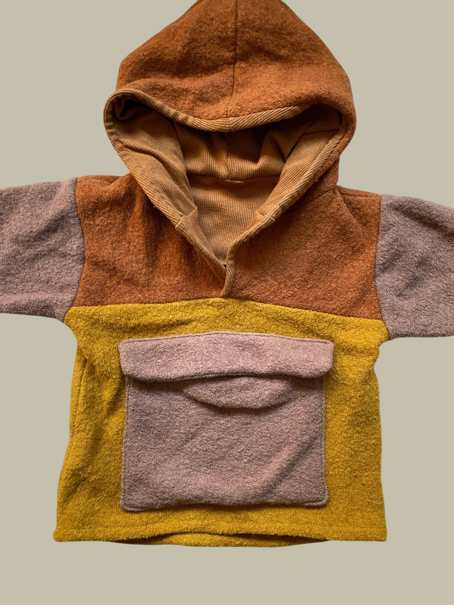 Colourblock boiled wool hooded sweater with front pocket 1-2Y | Handmade