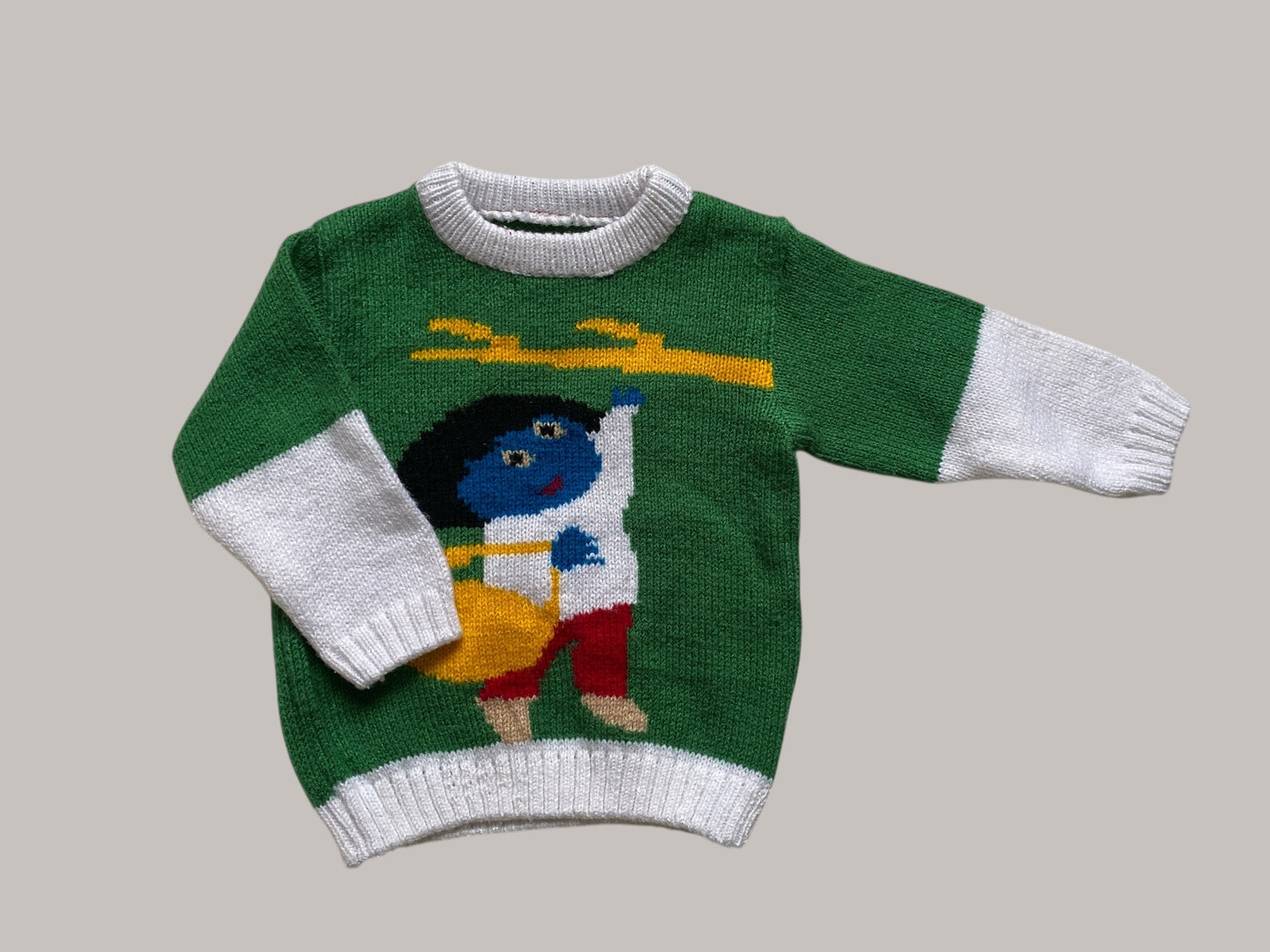Handknit acrylic sweater with blue person 2Y