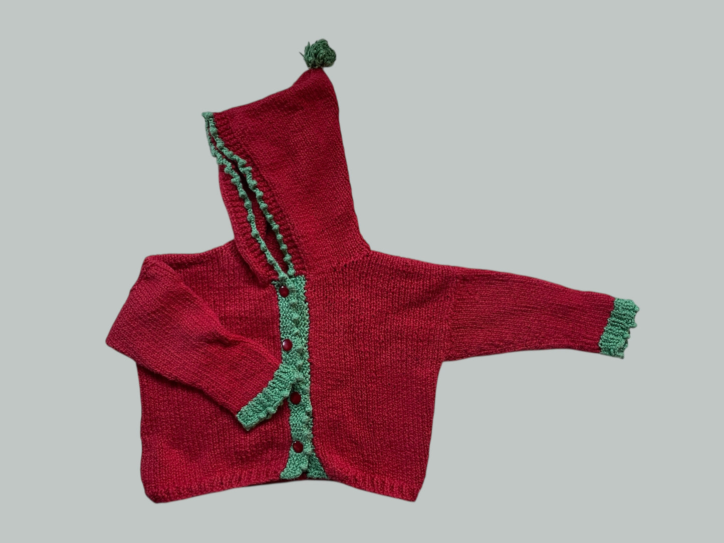 Handknit strawberry pixie cardigan ca 2Y