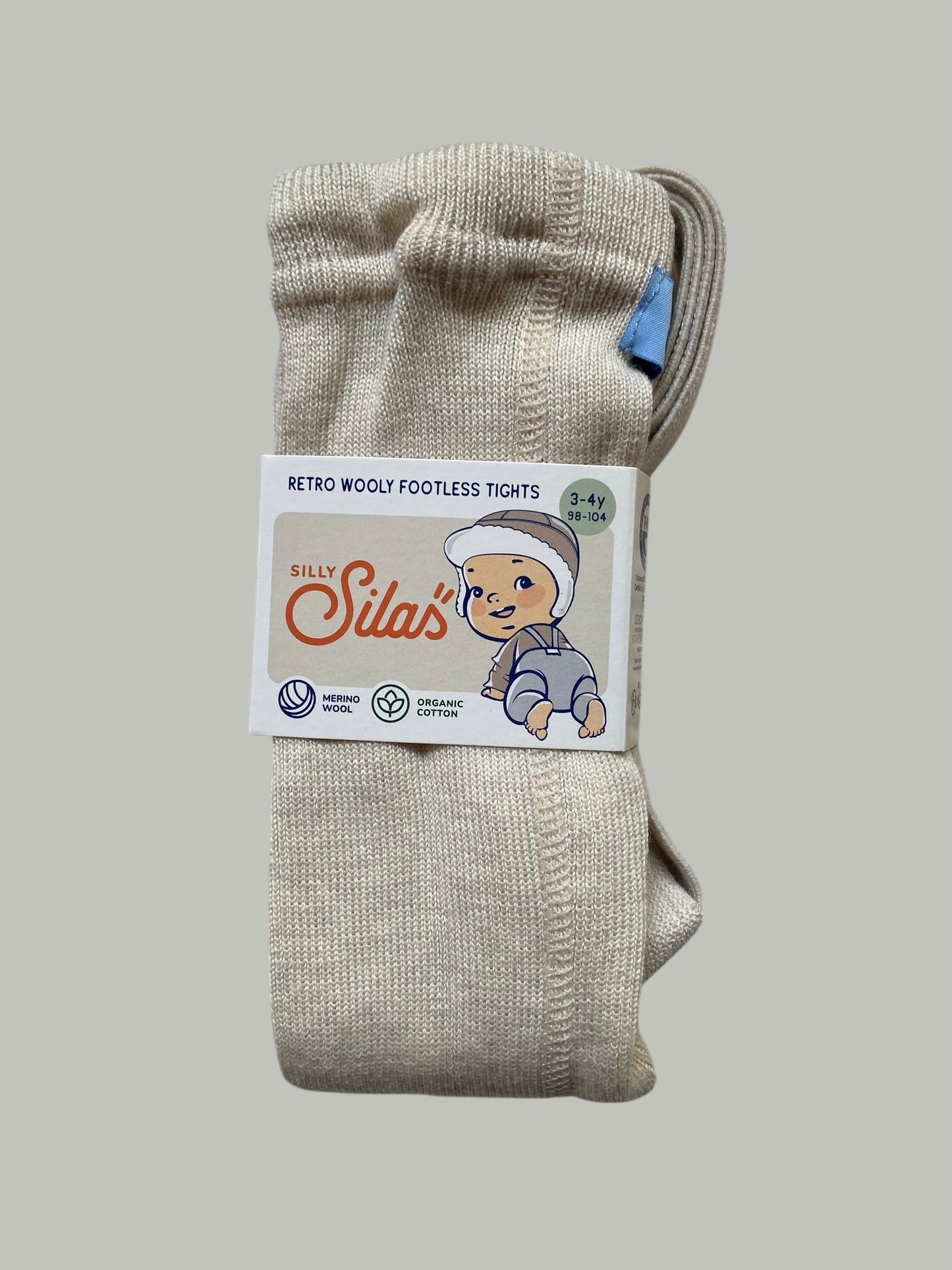 Retro wool/organic cotton footless tights with braces, cream, 3-4Y | Silly Silas