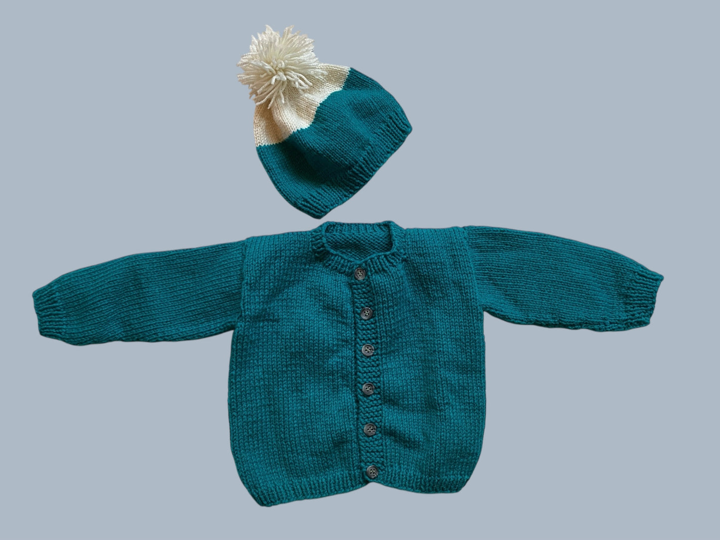Teal knit cardigan and matching hat 1Y