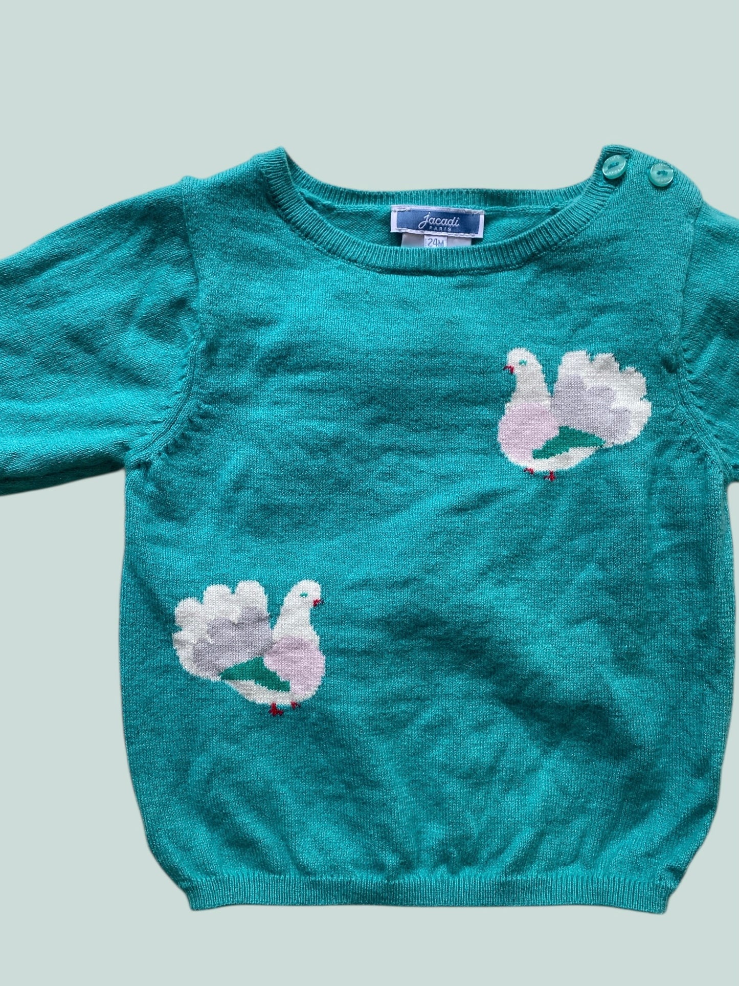 Cotton/wool blend turquoise bird sweater 24m | Jacardi