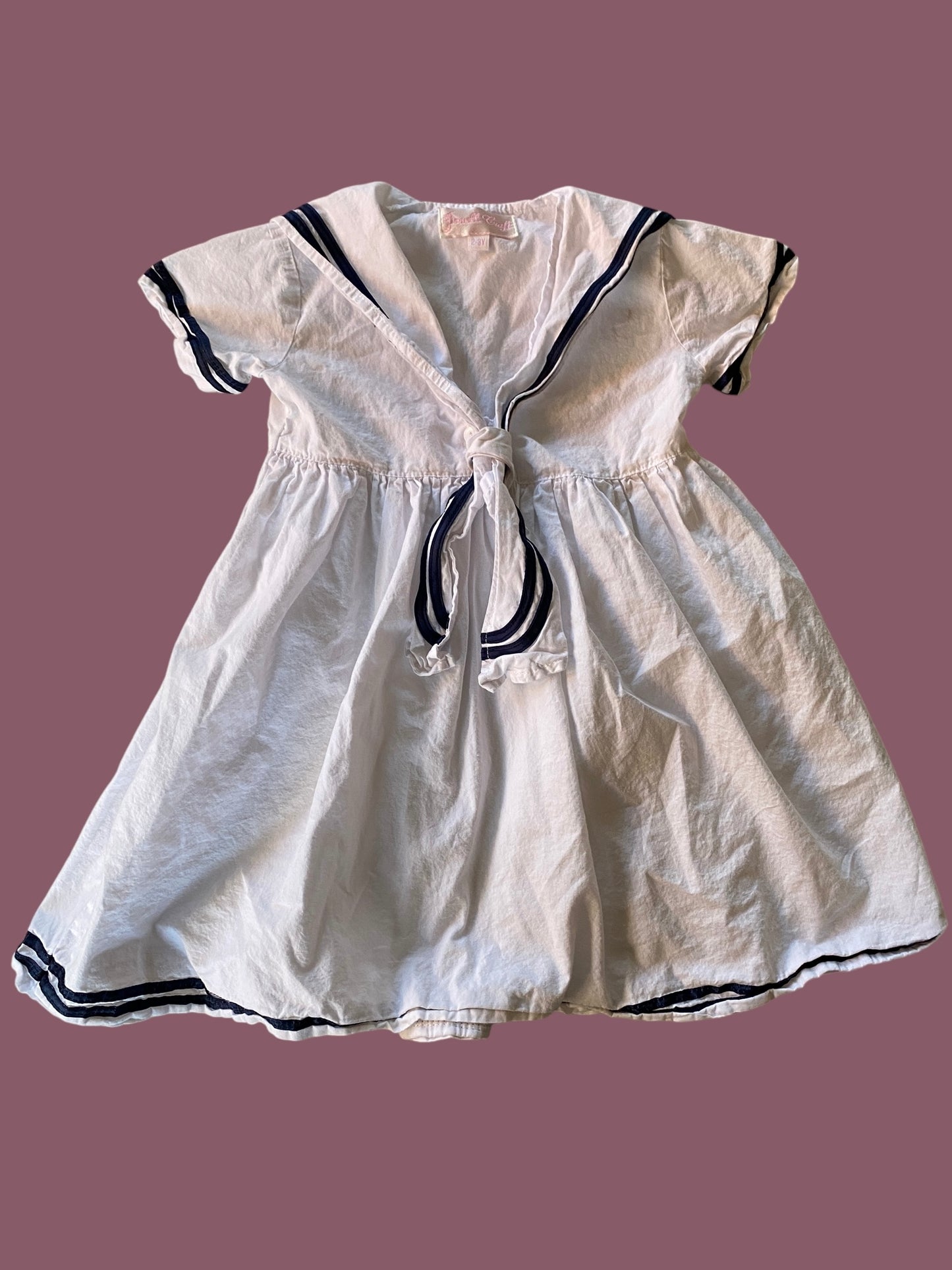 White cotton sailor dress with navy trim 2-3Y | Powell Craft