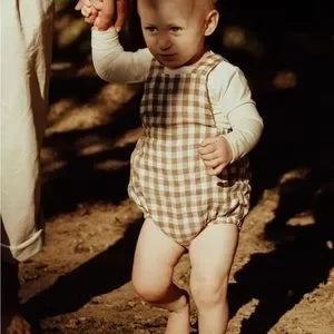 Organic cotton gingham overall romper 6-9m | The Simple Folk