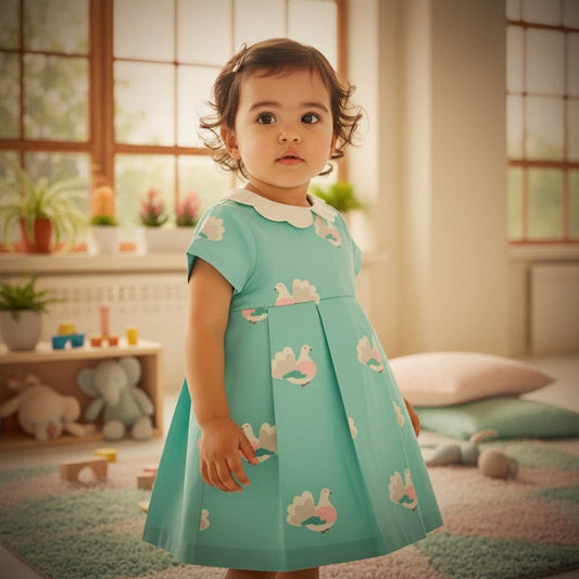 Cotton turquoise pleated skirt bird dress 12-24m | Jacardi