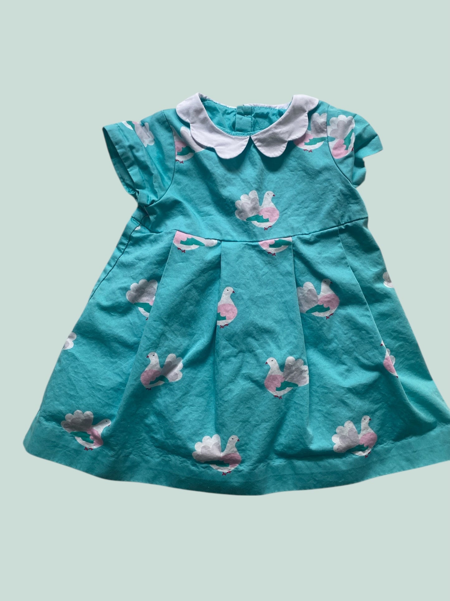 Cotton turquoise pleated skirt bird dress 12-24m | Jacardi