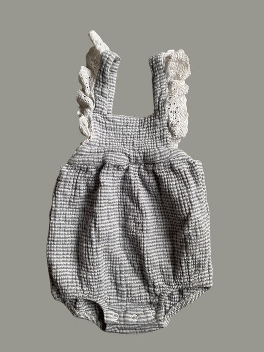 Crinkle muslin cotton cross back striped romper 12-18m | City Mouse