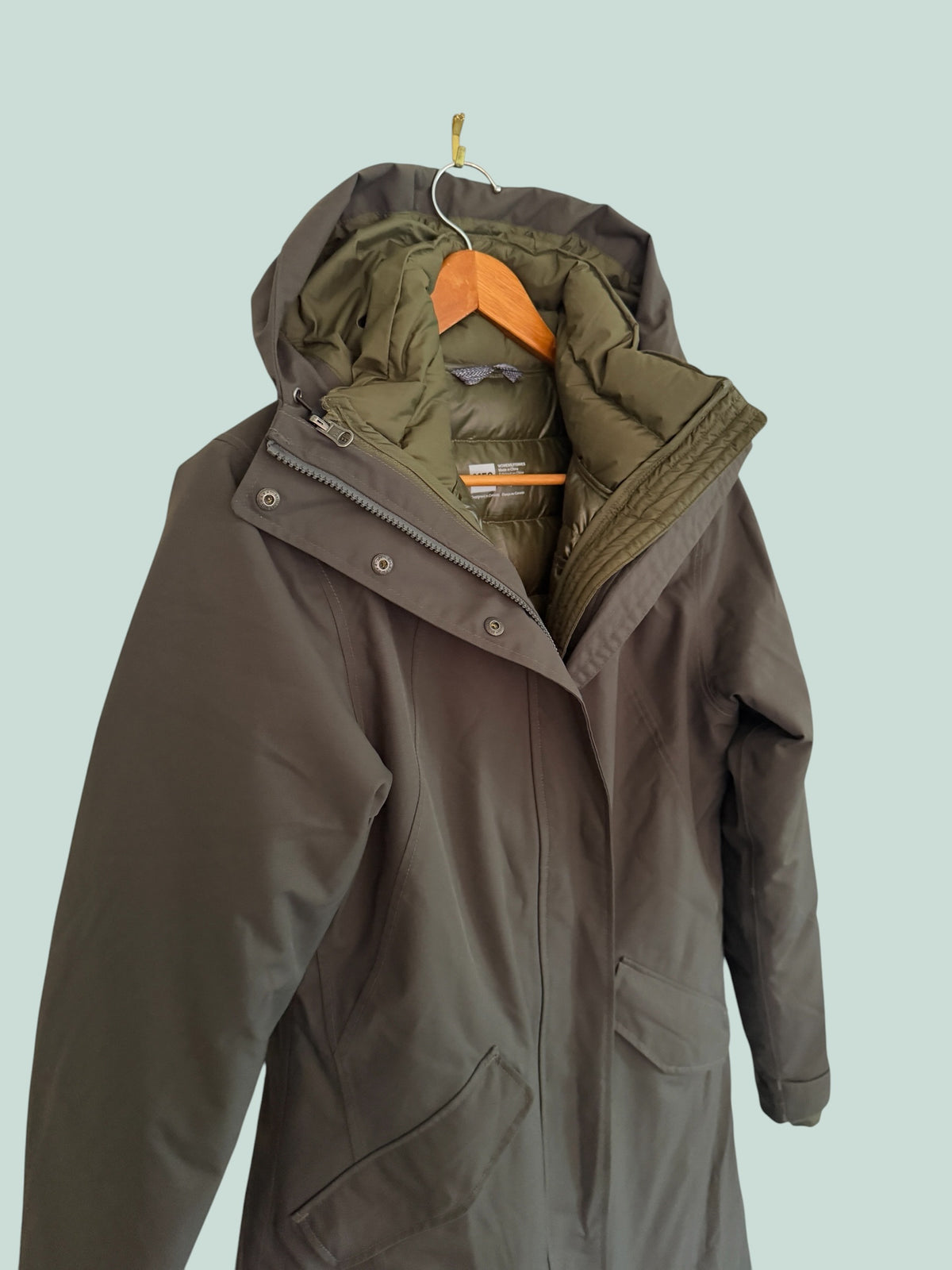 3-in-1 down parka with outer shell women’s small dark green/brown | MEC