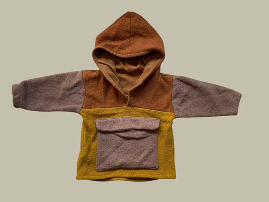 Colourblock boiled wool hooded sweater with front pocket 1-2Y | Handmade