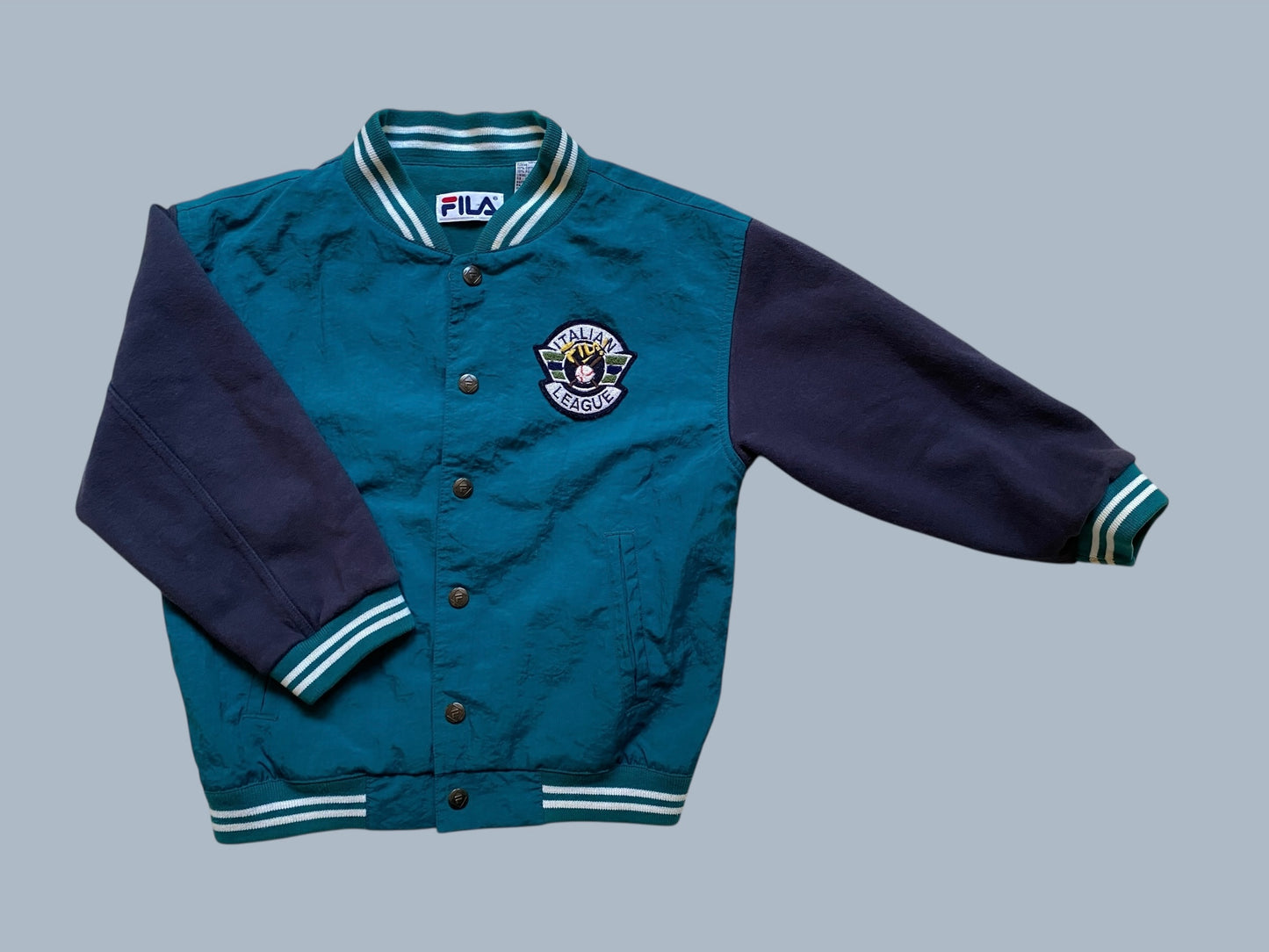 Vintage teal cotton lined Italian League Baseball jacket ~8-10Y