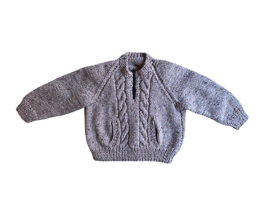 Hand knit rose chunky sweater with zip and front pocket ~2Y