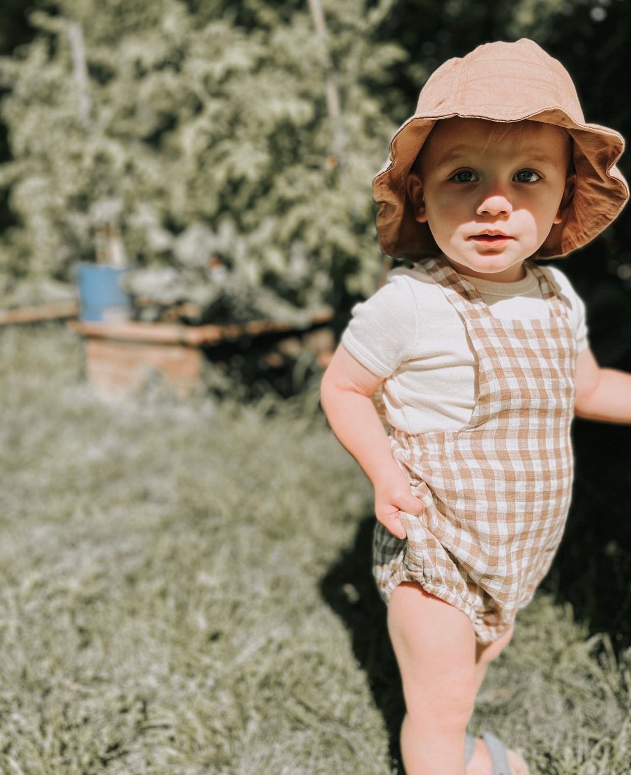 Organic cotton gingham overall romper 6-9m | The Simple Folk
