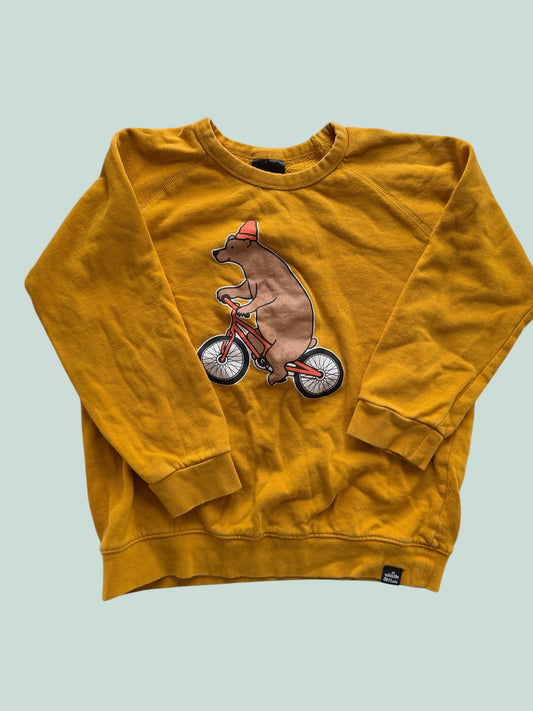 Organic cotton mustard bear on bike sweater 9-10Y | Whistle & Flute