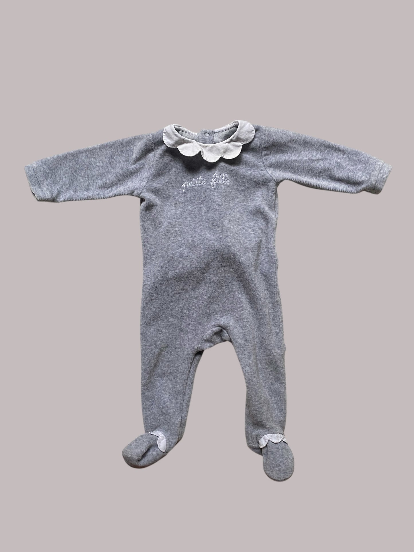 Grey velour onesie 'Petite Fille' 6m | Jacardi