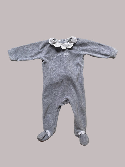 Grey velour onesie 'Petite Fille' 6m | Jacardi