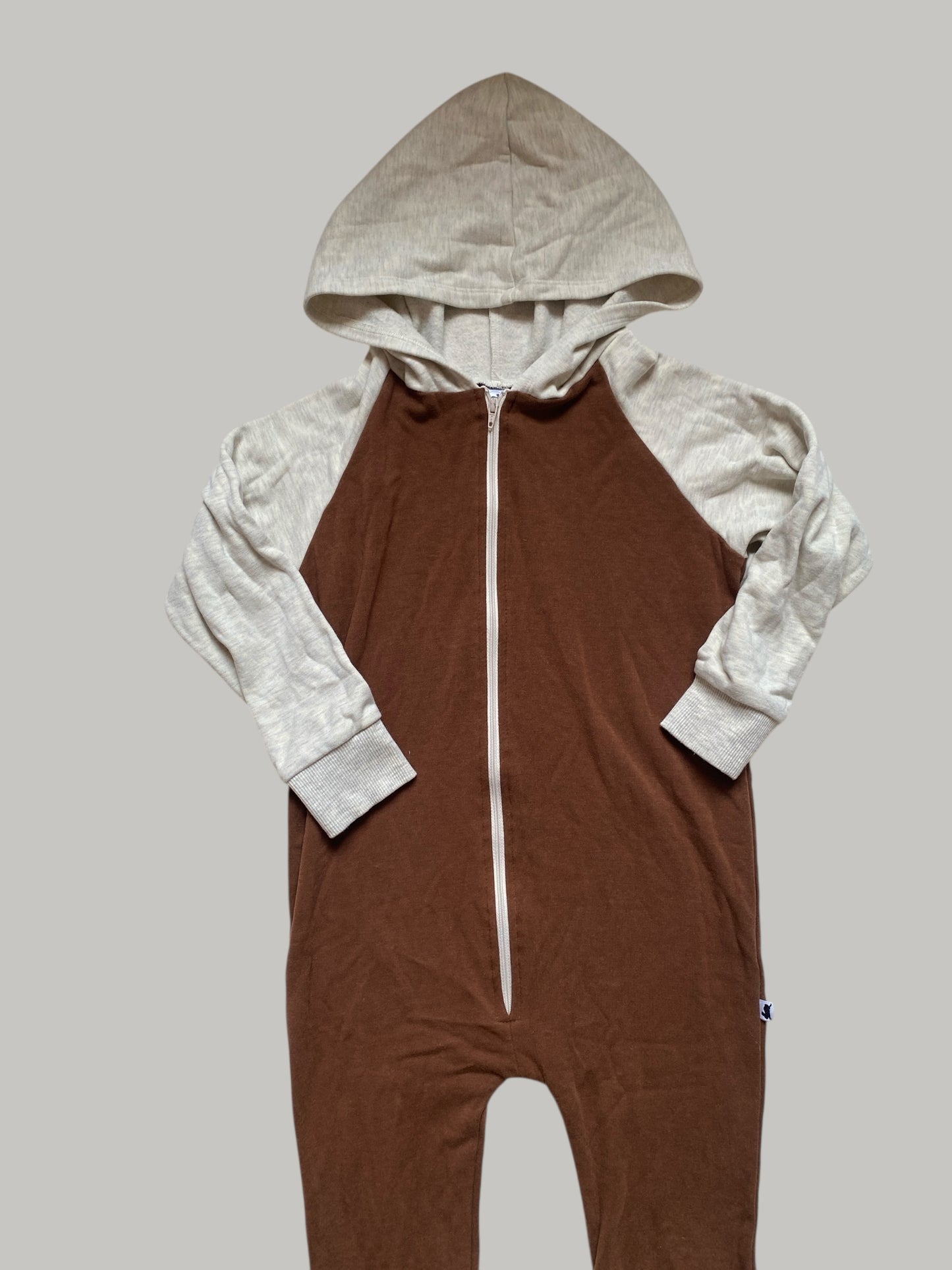Brown and cream bamboo blend hooded romper 5-6Y | Little & Lively