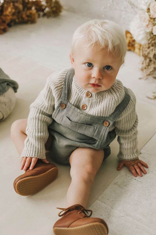 Olive organic cotton muslin romper/playsuit 2Y | Jamie Kay