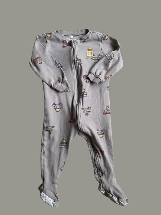 Organic cotton two-way zip food truck footed sleeper 12m | Pekkle