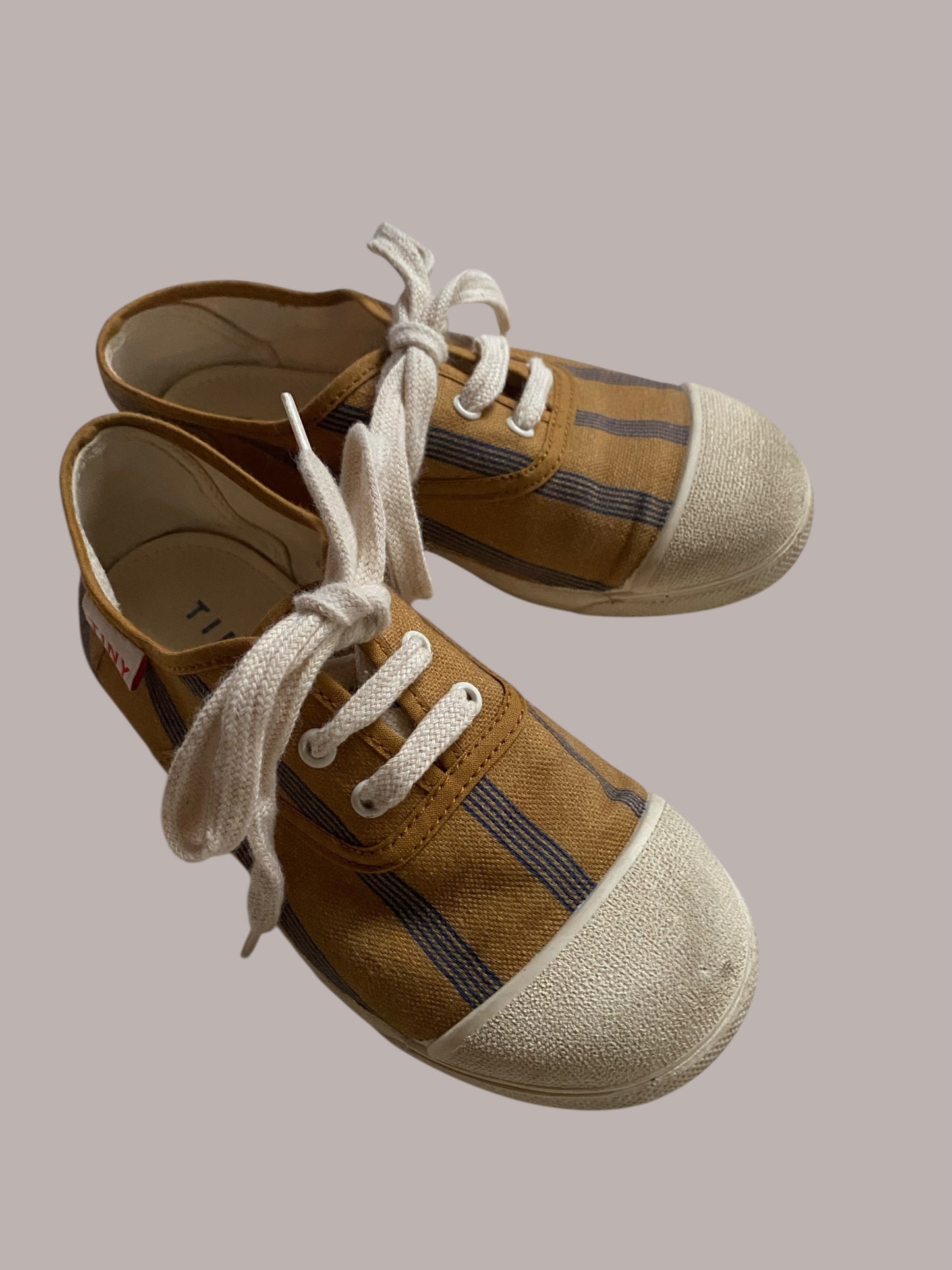Tan canvas sneakers with blue lines 30EU 12/12.5 US Little Kid | Tiny Cottons