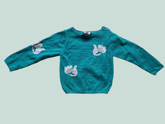 Cotton/wool blend turquoise bird sweater 24m | Jacardi