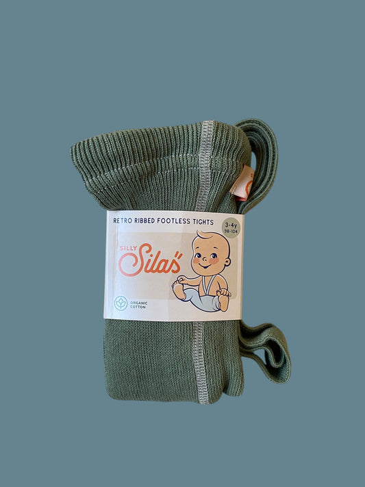 Sage green organic cotton footless tights with suspenders 3-4Y | Silly Silas