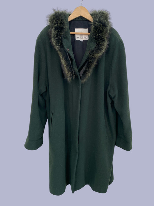 Vintage forest green wool coat with faux fur size medium-large (14) women's | London Fog