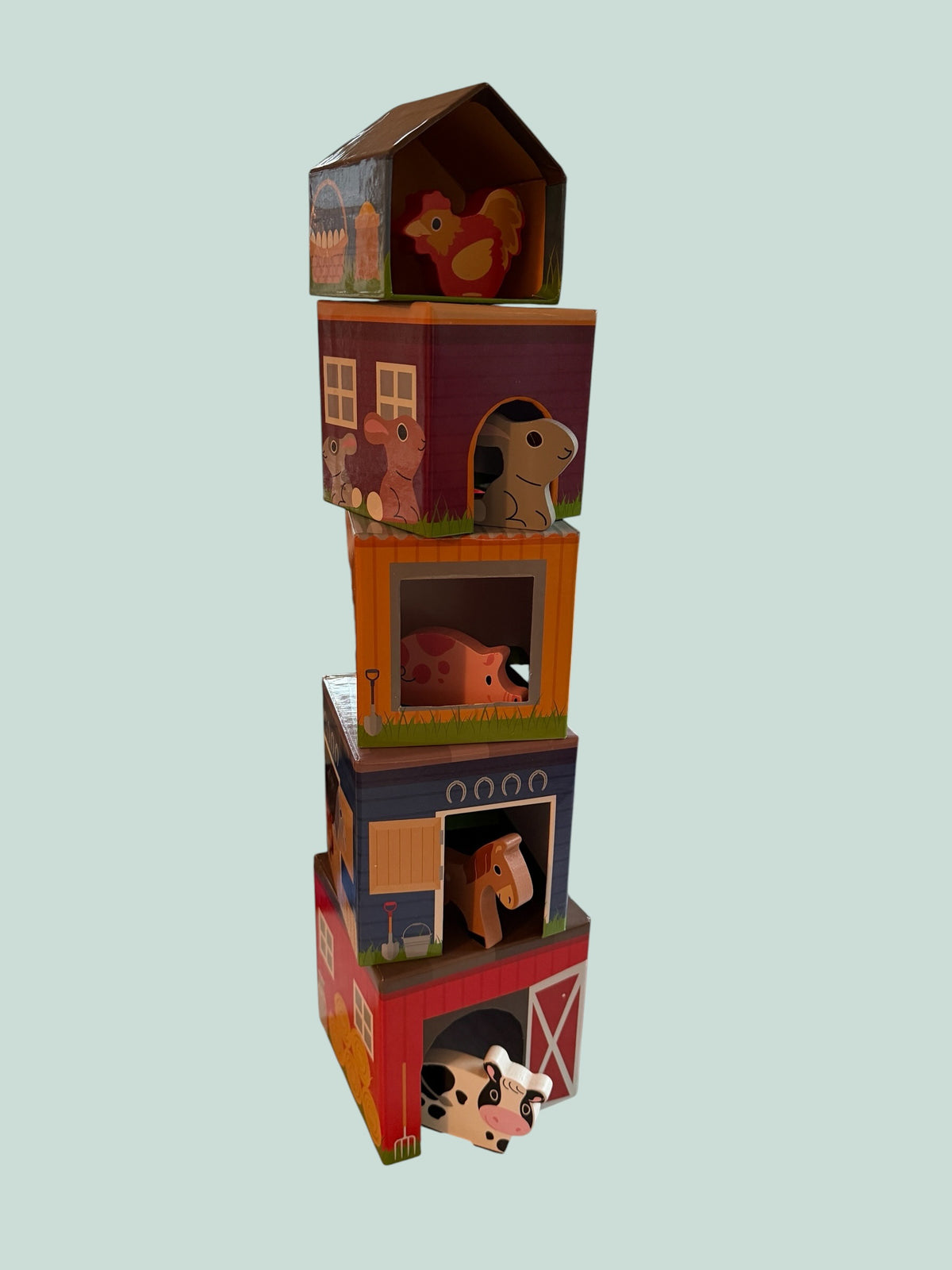Nesting box stacking toy with wooden animals