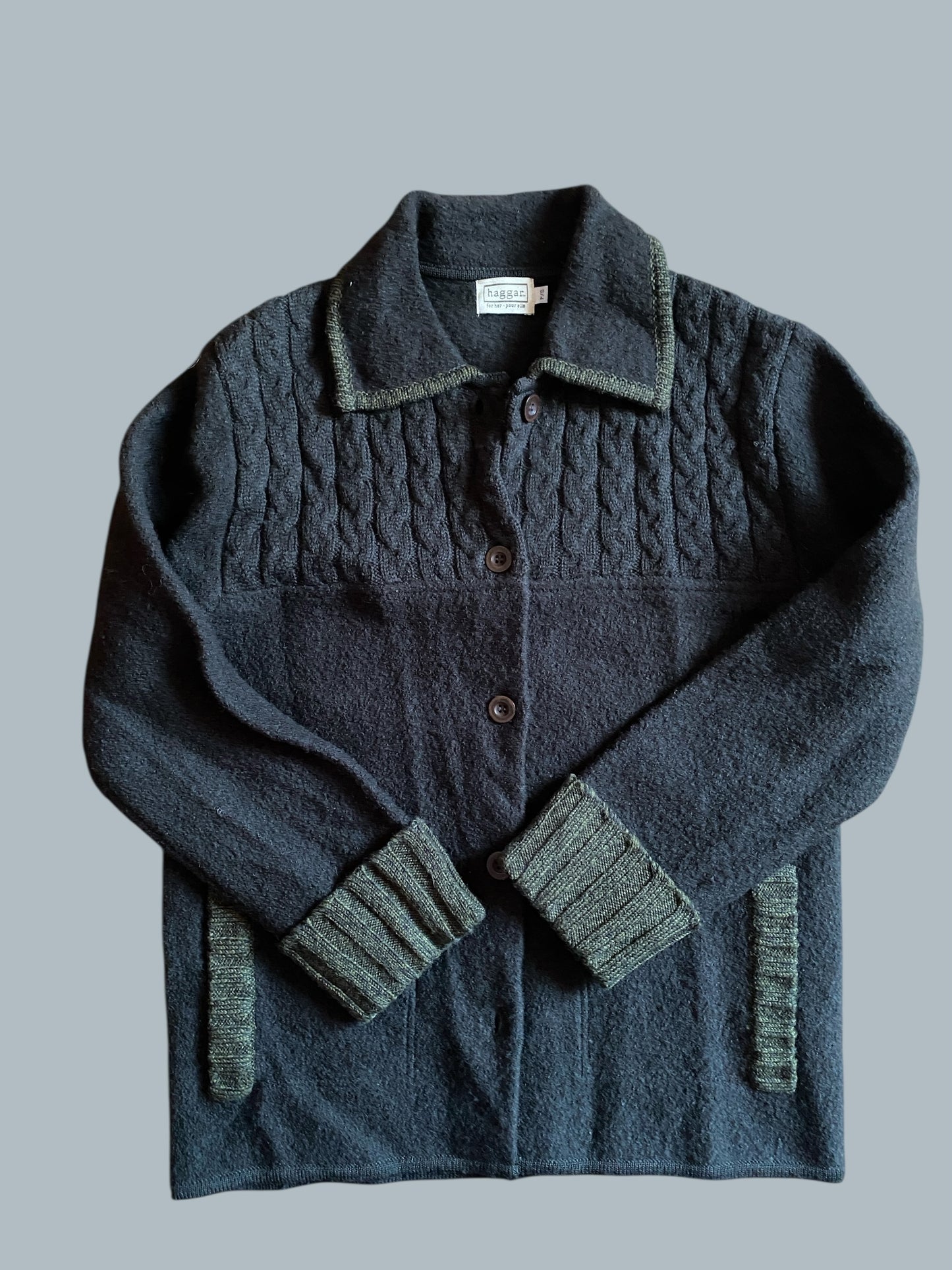 Dark green wool button up cardigan women's small | Haggar