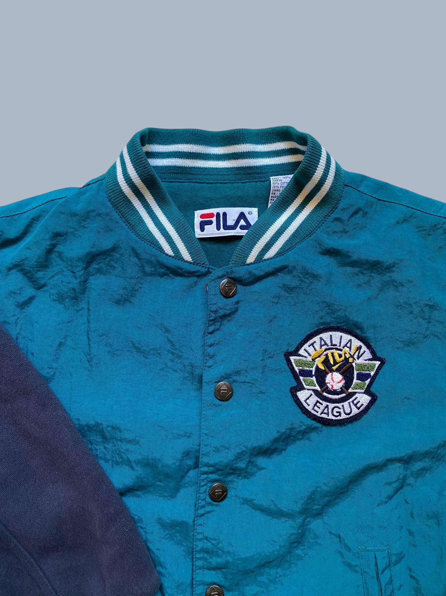 Vintage teal cotton lined Italian League Baseball jacket ~8-10Y