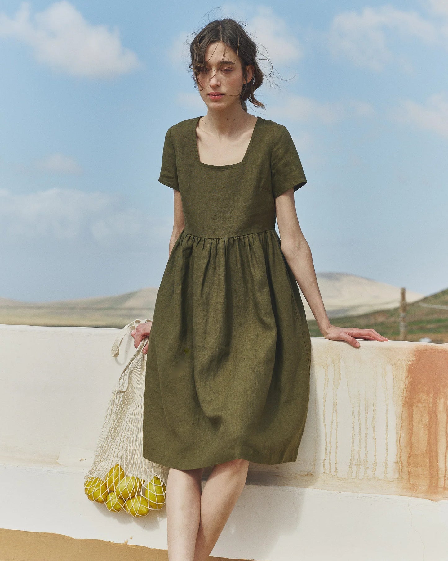 Yellow linen 'Odesa' gathered dress women's size large | Not Perfect Linen