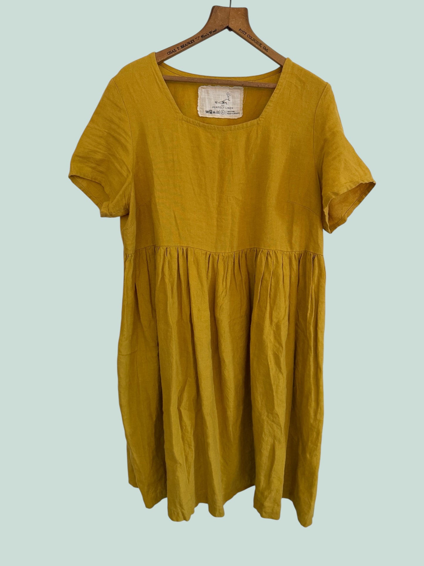 Yellow linen 'Odesa' gathered dress women's size large | Not Perfect Linen