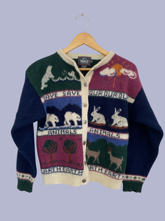Vintage wool blend "Save our Animals/Earth" cardigan women's small/medium | Woolrich