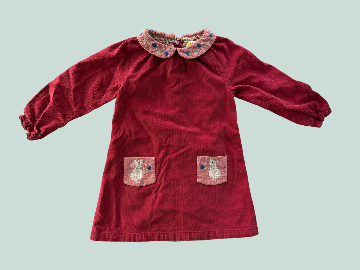 Wine red corduroy mouse dress 2-3Y | Baby Boden