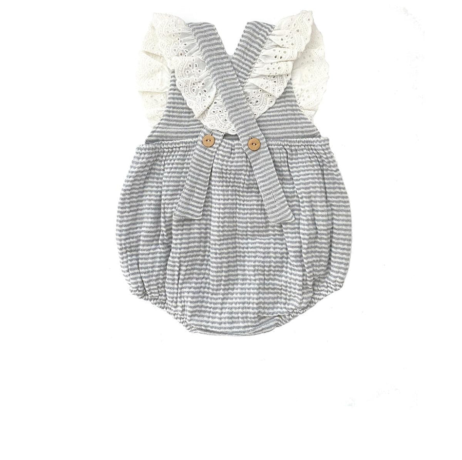 Crinkle muslin cotton cross back striped romper 12-18m | City Mouse