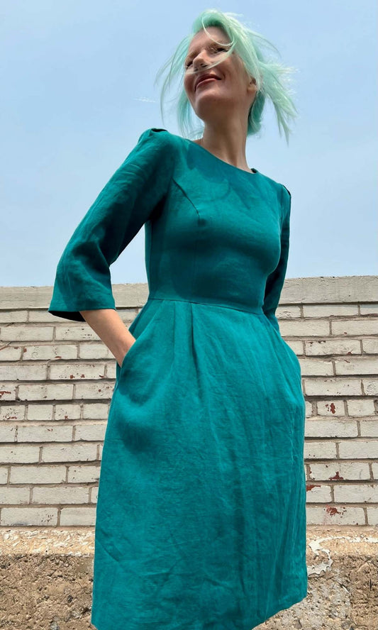 Teal linen dress 'Whistling Snipe' size 12 women's | Birds of North America NEW